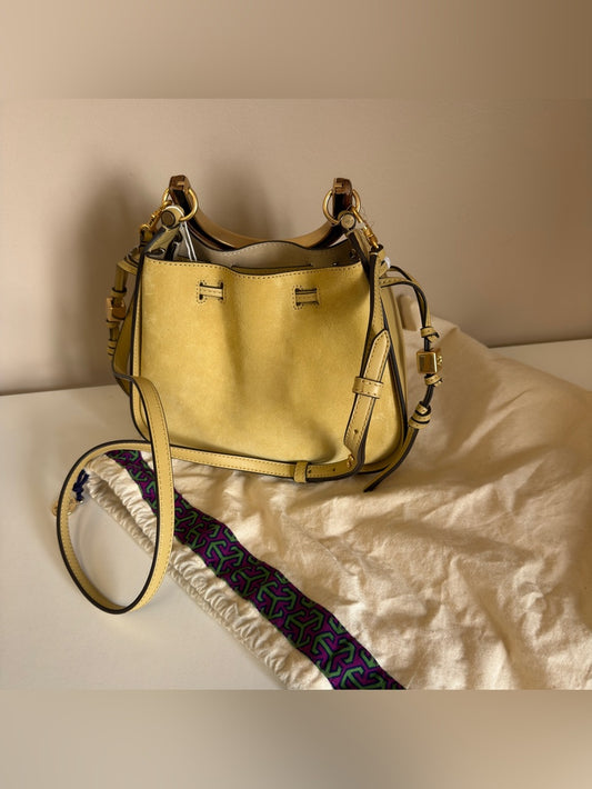 Tory Burch Miller yellow suede cinch bag detail