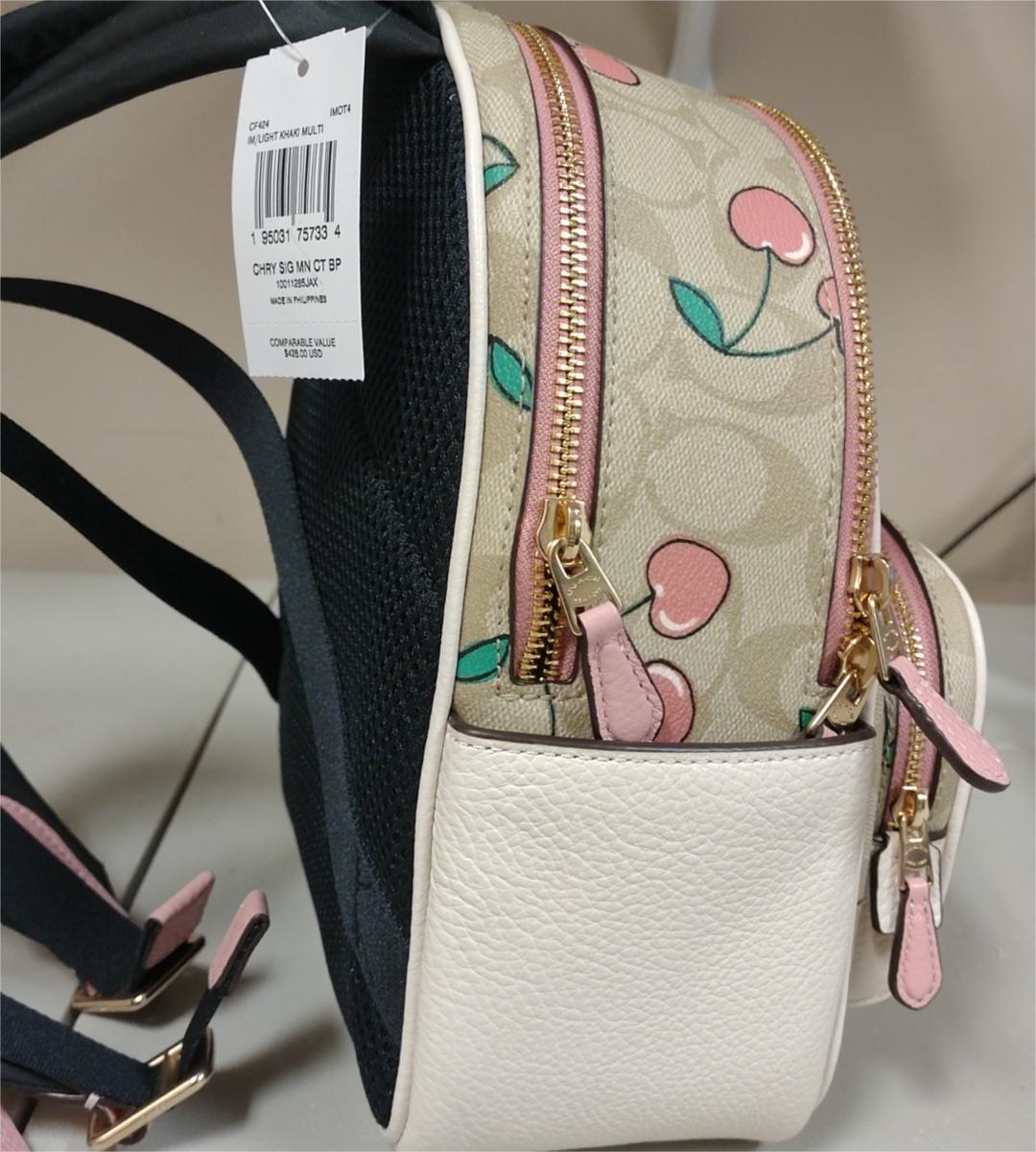 Coach CF424 Cherry Signature Canvas & Leather Mini Court Backpack-Light Khaki Multi