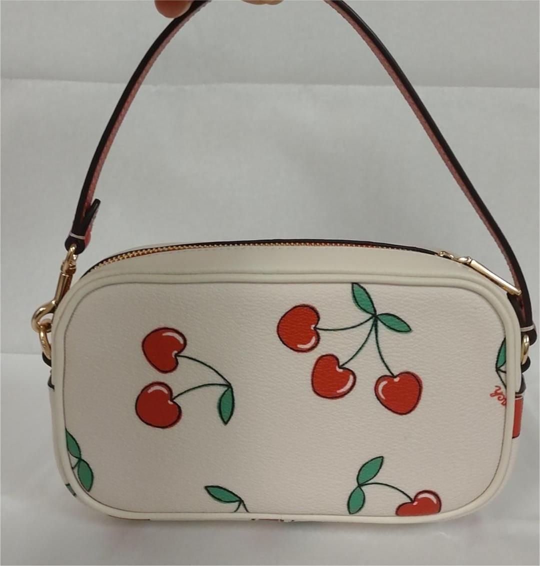 Coach CF405 Jamie Wristlet With Heart Cherry Print Canvas Smooth Leather-Chalk Multi