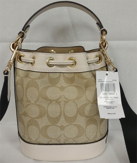 Coach C5121 Dempsey Mini Drawstring Bucket Bag In Signature Canvas-Light Khaki/Chalk