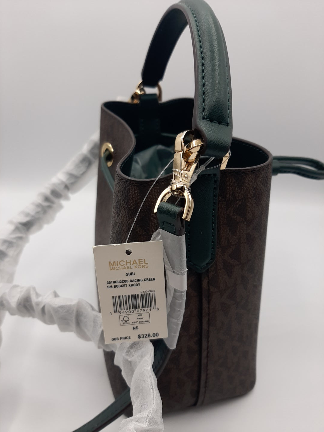 Michael Kors Suri Small Bucket Xbody Bag Brown Signature Canvas - Racing Green