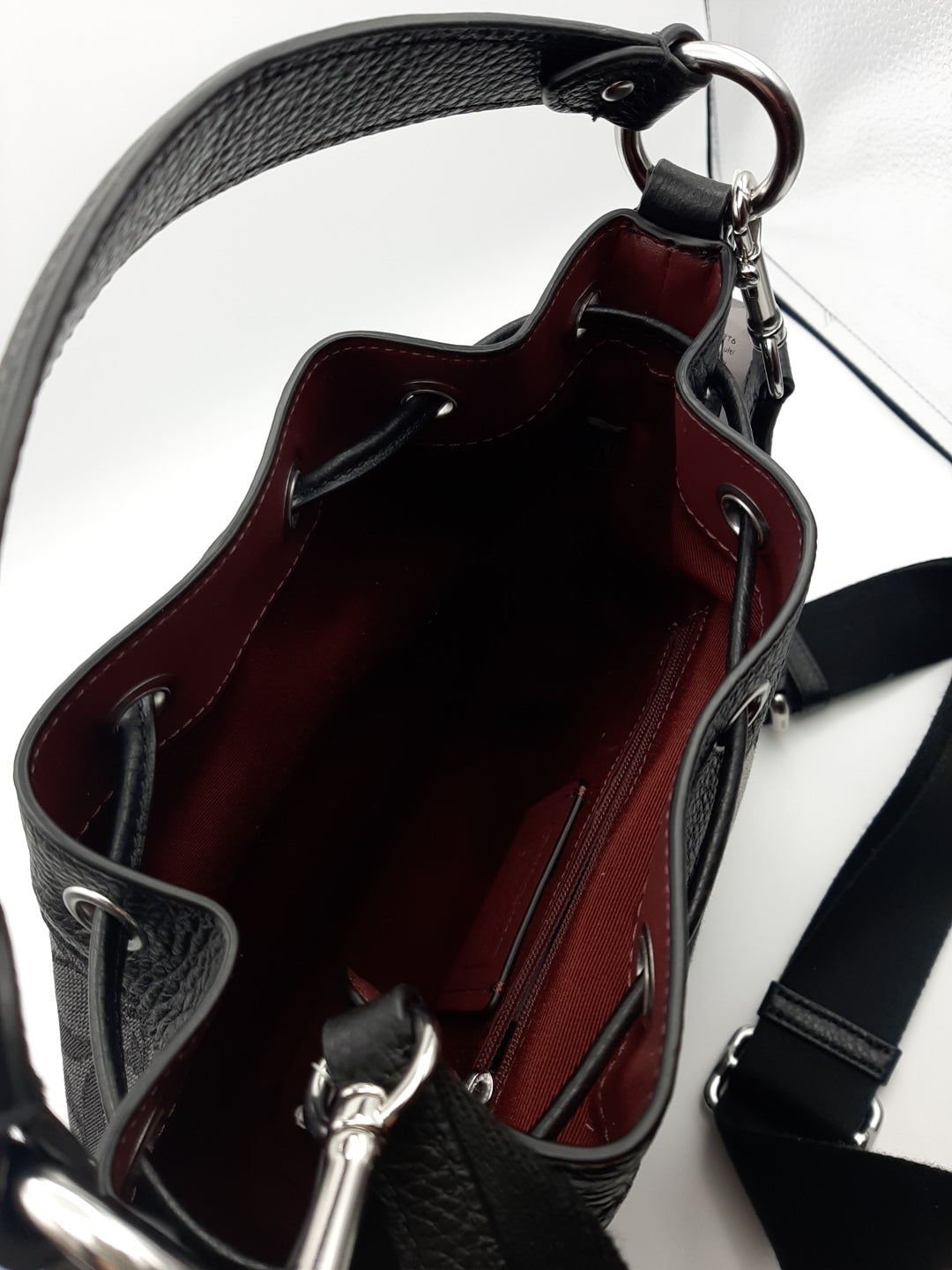 Coach Dempsey Drawstring Bucket Bag In Signature Jacquard with Stripe And Patch