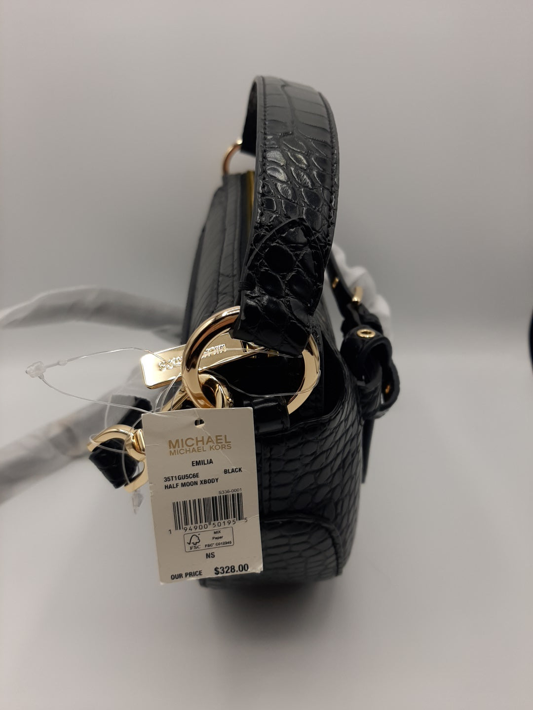 Michael Kors Emilia Half Moon Crossbody Bag Embossed Leather - Black