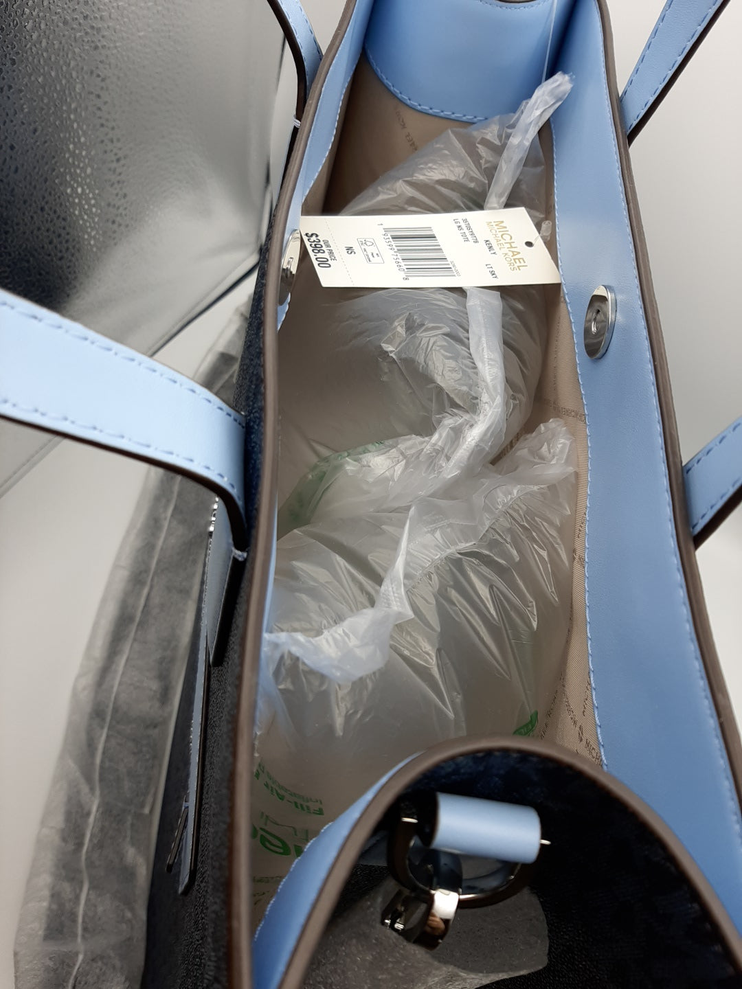 Michael Kors Kenly Large Light Sky PVC Leather Graphic Logo North South Tote