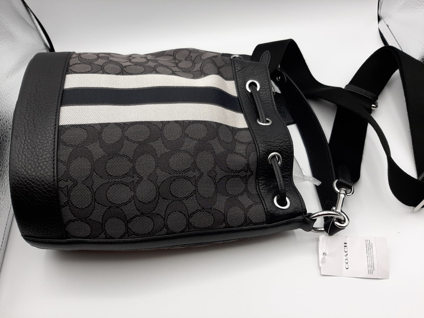 Coach Dempsey Drawstring Bucket Bag In Signature Jacquard with Stripe And Patch