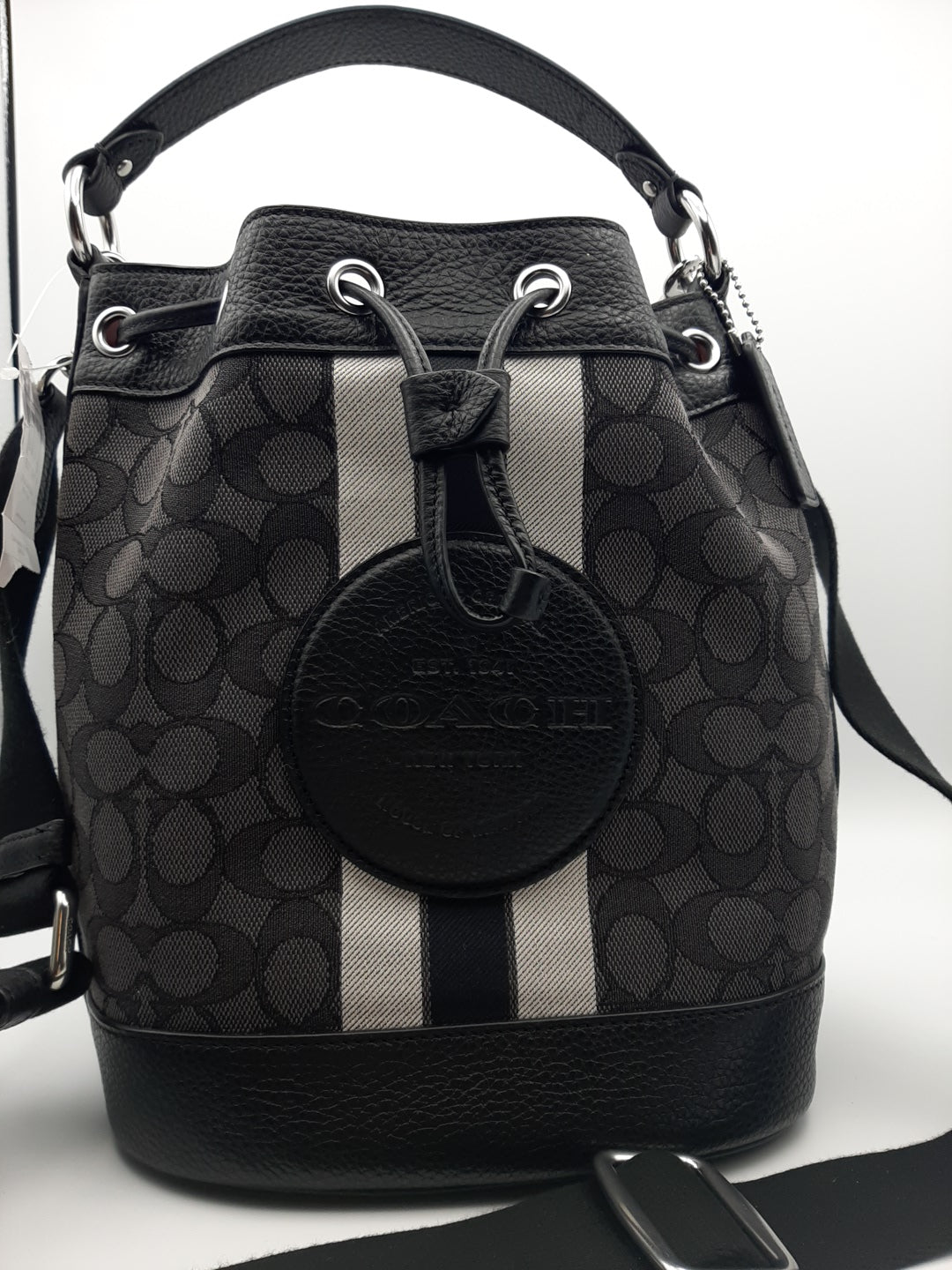 Coach Dempsey Drawstring Bucket Bag In Signature Jacquard with Stripe And Patch
