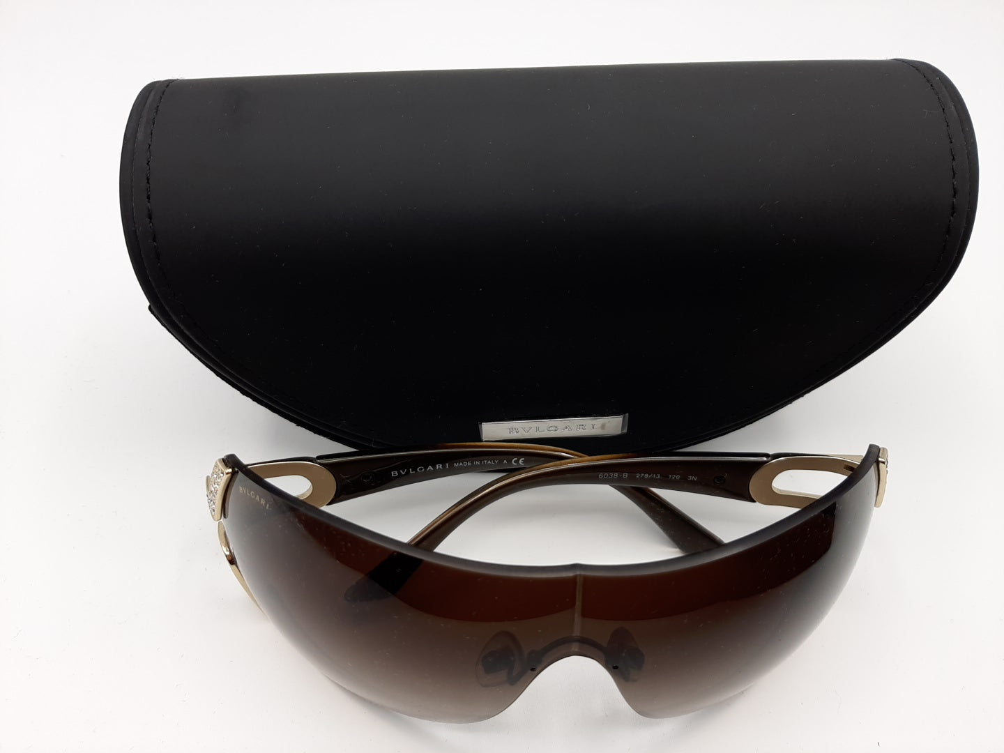 Bvlgari 6038-B 278/13 120 3N Brown & Gold w/Swarovski Crystals Shield Sunglasses