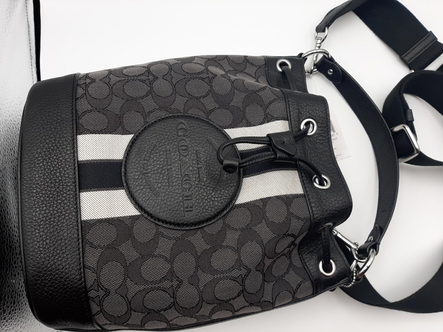 Coach Dempsey Drawstring Bucket Bag In Signature Jacquard with Stripe And Patch