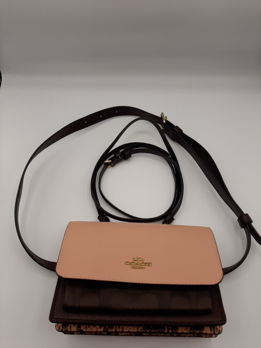 Coach C7618 Snake Emboss Foldover Belt Bag Crossbody - Brown Shell Pink