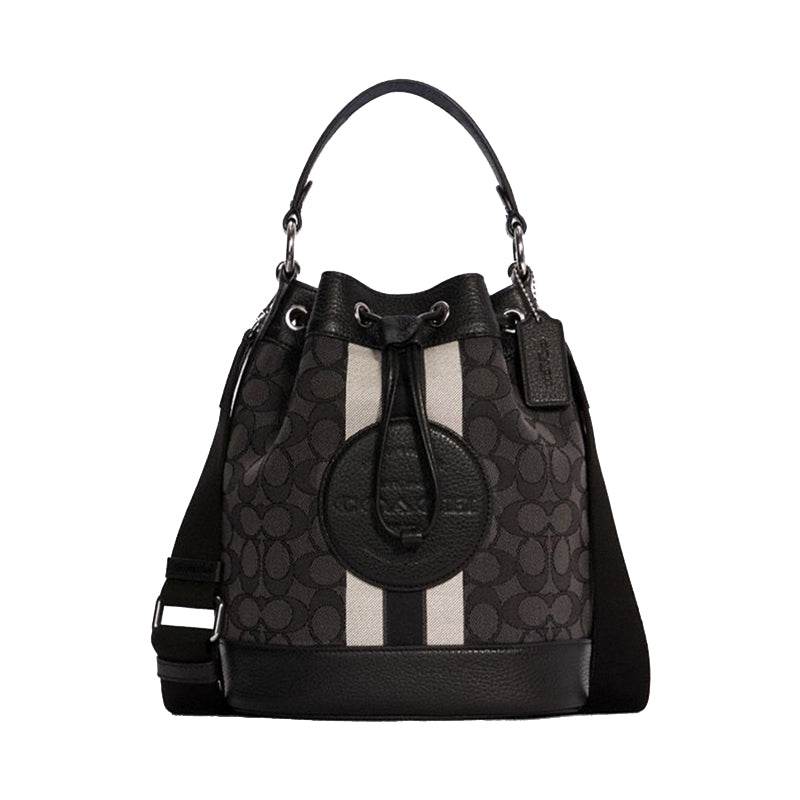 Coach Dempsey Drawstring Bucket Bag In Signature Jacquard with Stripe And Patch