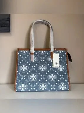 Tory Burch T Monogram blue and tan denim small tote front view