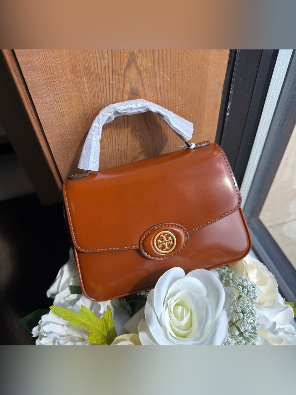 Tory Burch Robinson small brown top handle bag front view