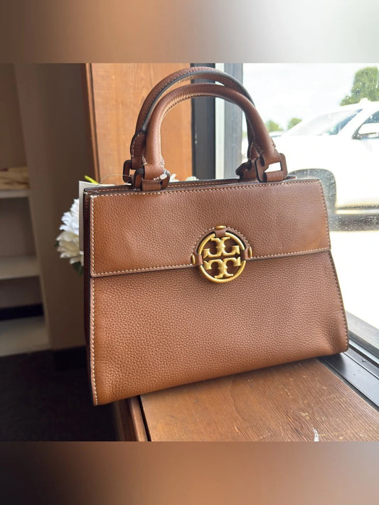 Tory Burch Miller leather satchel in brown with gold hardware front view