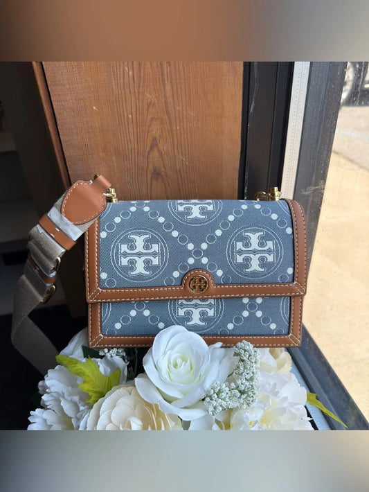 Tory Burch T Monogram denim shoulder bag in blue and brown front view