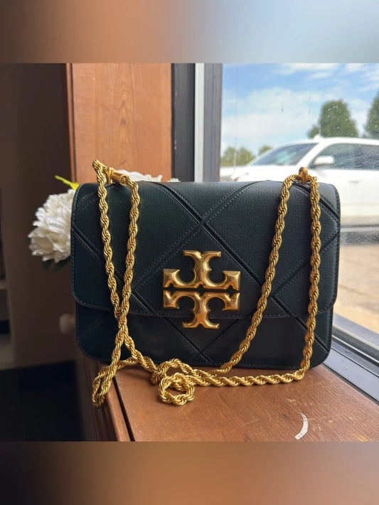 Tory Burch Fleming dark green leather shoulder bag front view