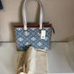 Tory Burch T Monogram blue and tan denim small tote detail