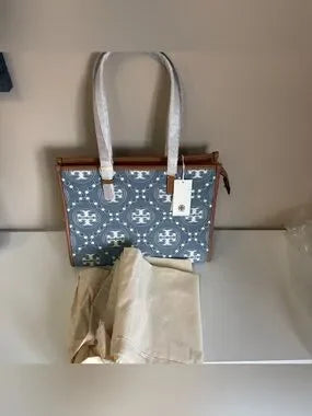 Tory Burch T Monogram blue and tan denim small tote detail
