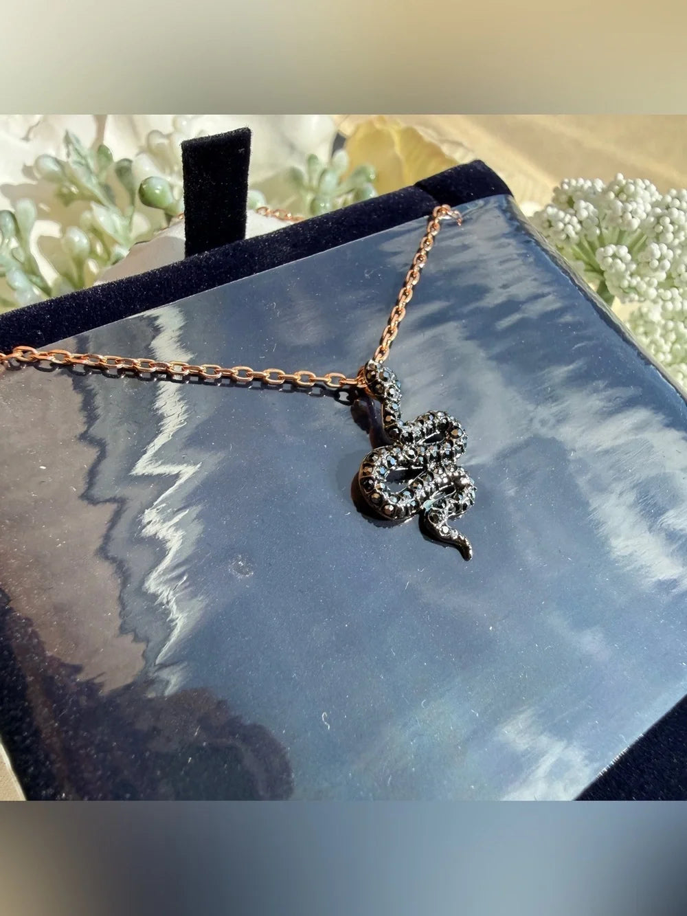 Swarovski Leslie black crystal snake pendant necklace detail
