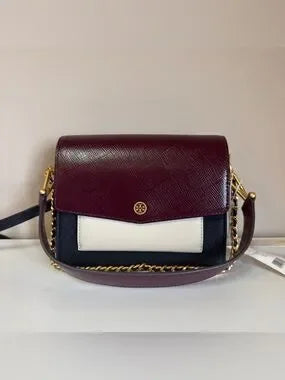 Tory Burch Robinson burgundy black and cream crossbody bag detail