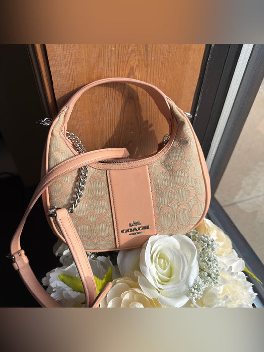 Coach CT773 pink cream signature jacquard crescent bag detail