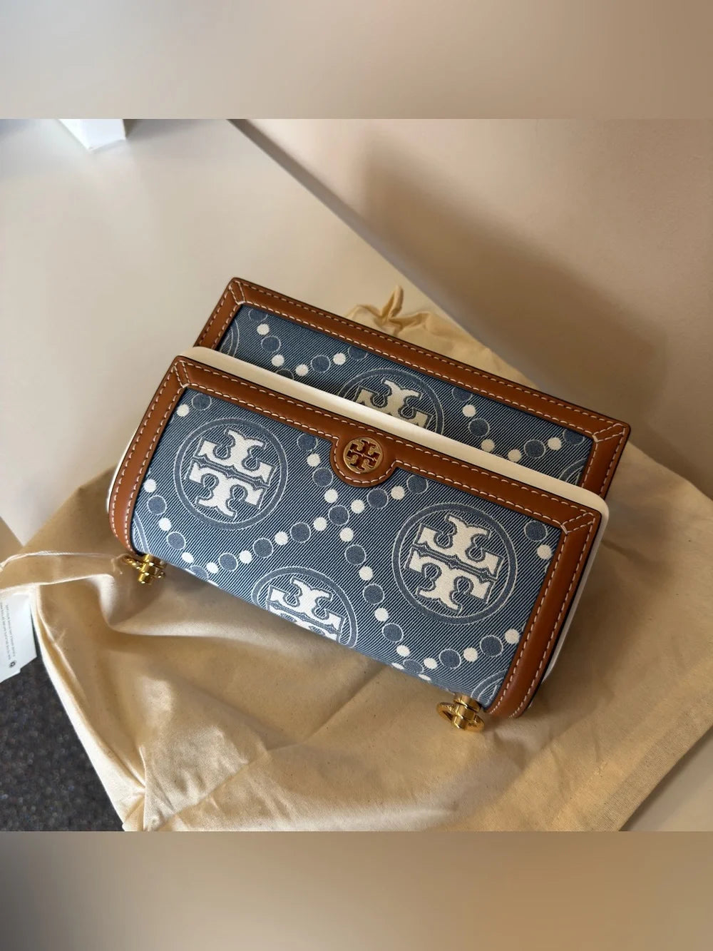 Tory Burch T Monogram denim shoulder bag in blue and brown detail