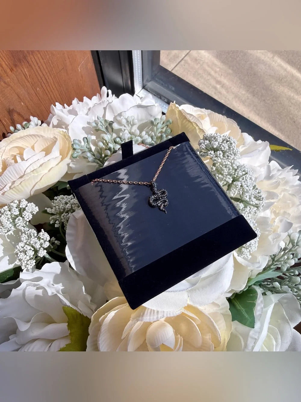 Swarovski Leslie black crystal snake pendant necklace detail
