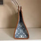 Tory Burch T Monogram blue and tan denim small tote detail