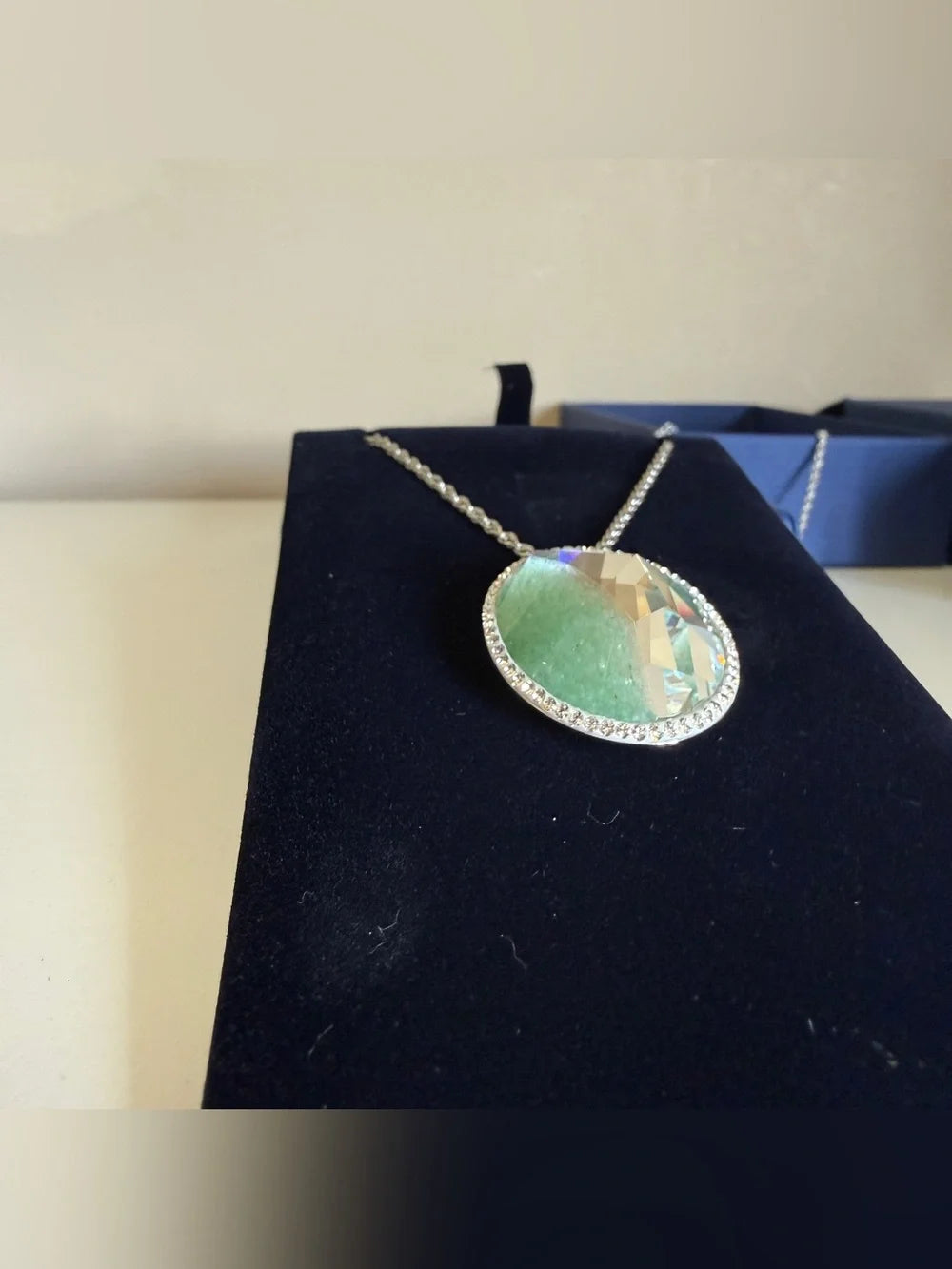 Swarovski green and silver crystal pendant necklace detail