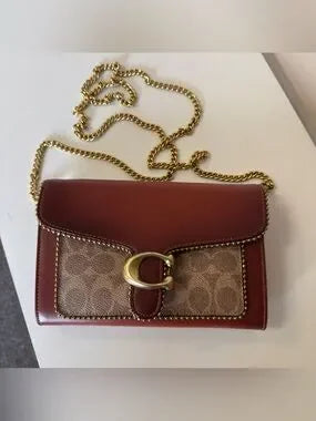 Coach 6909 burgundy and tan colorblock chain crossbody bag detail