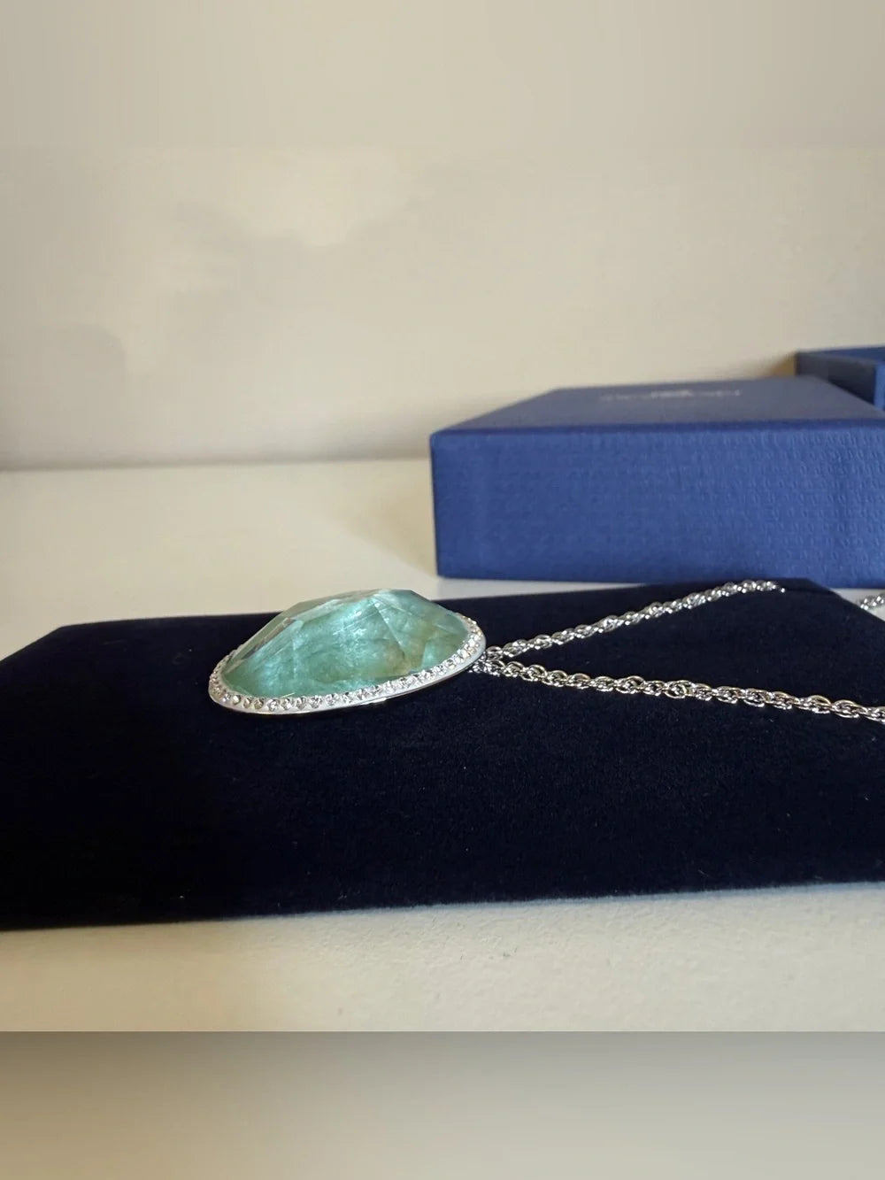 Swarovski green and silver crystal pendant necklace detail