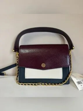 Tory Burch Robinson burgundy black and cream crossbody bag detail