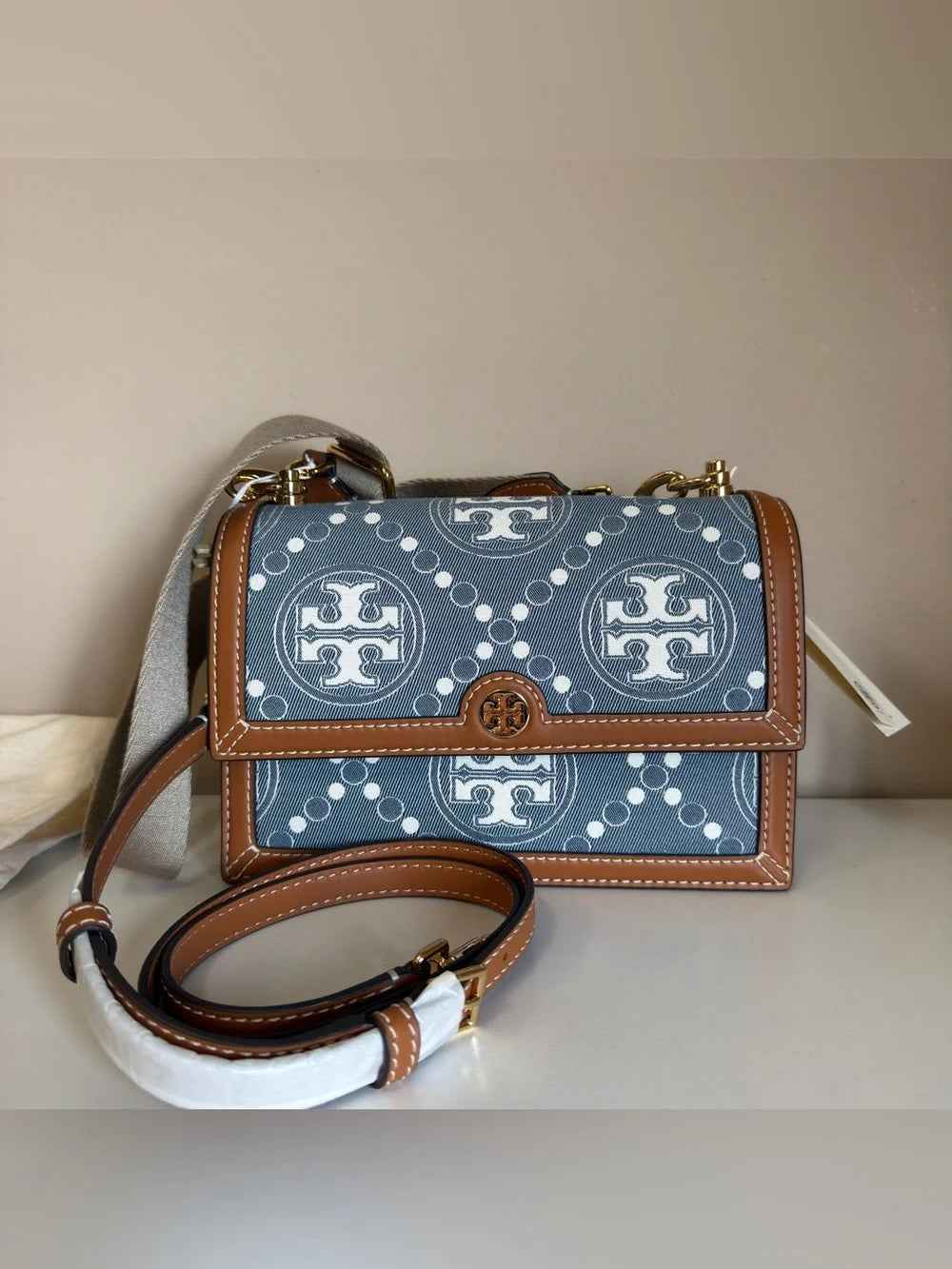 Tory Burch T Monogram denim shoulder bag in blue and brown detail
