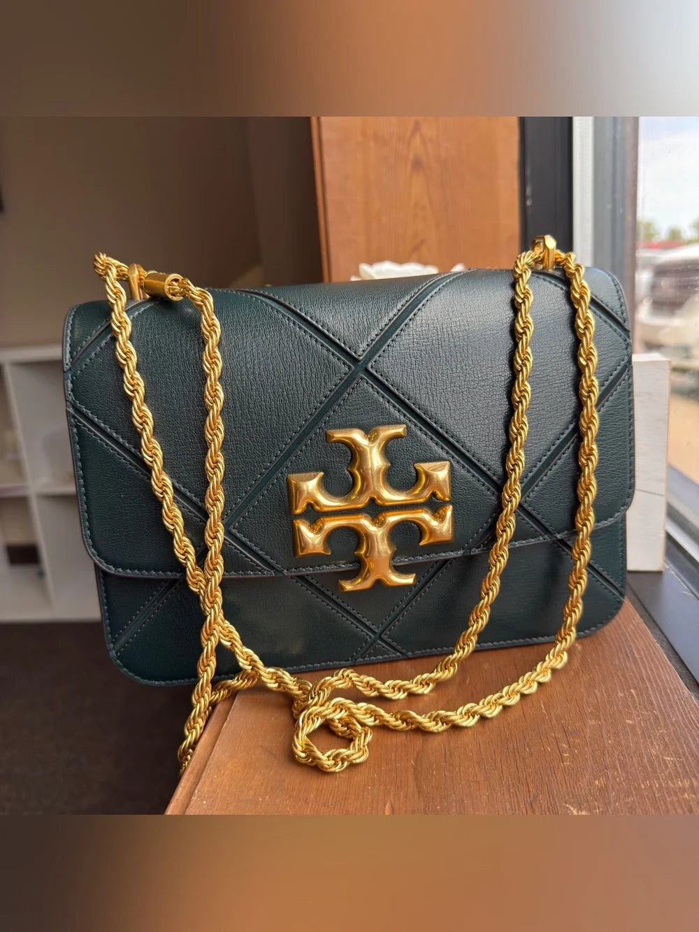 Tory Burch Fleming dark green leather shoulder bag detail