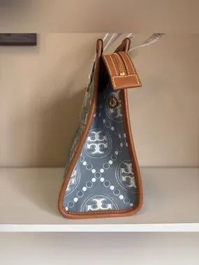 Tory Burch T Monogram blue and tan denim small tote detail