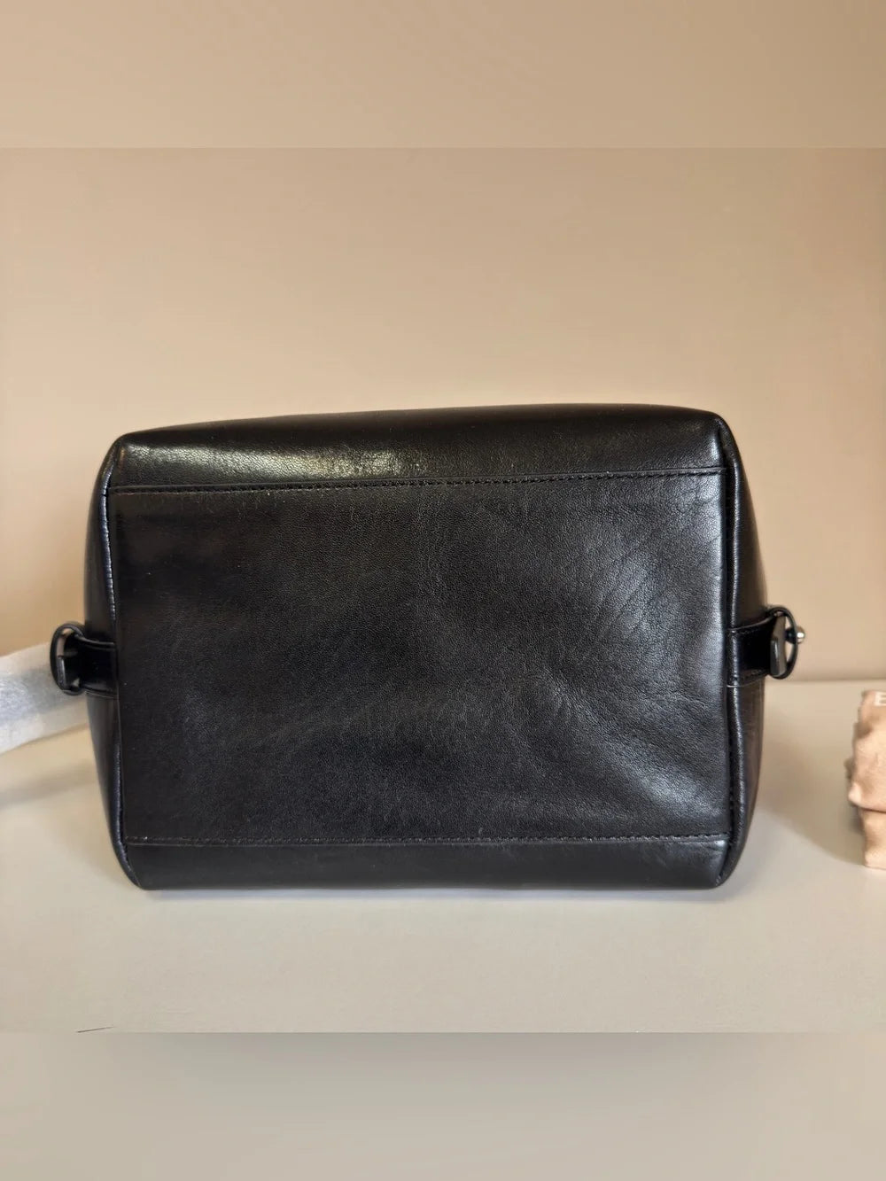 Rebecca Minkoff black leather structured backpack detail