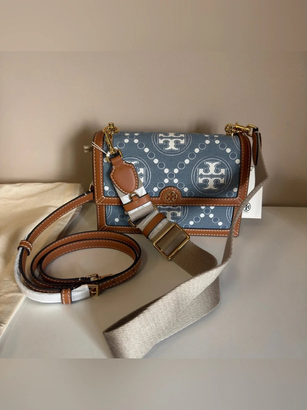 Tory Burch T Monogram denim shoulder bag in blue and brown detail