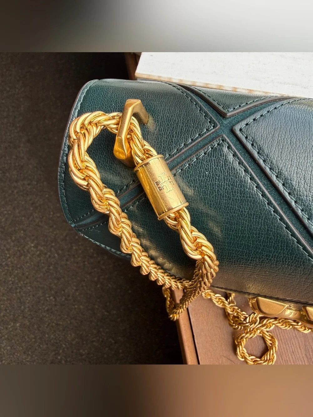Tory Burch Fleming dark green leather shoulder bag detail