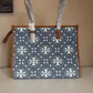Tory Burch T Monogram blue and tan denim small tote detail