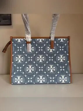 Tory Burch T Monogram blue and tan denim small tote detail