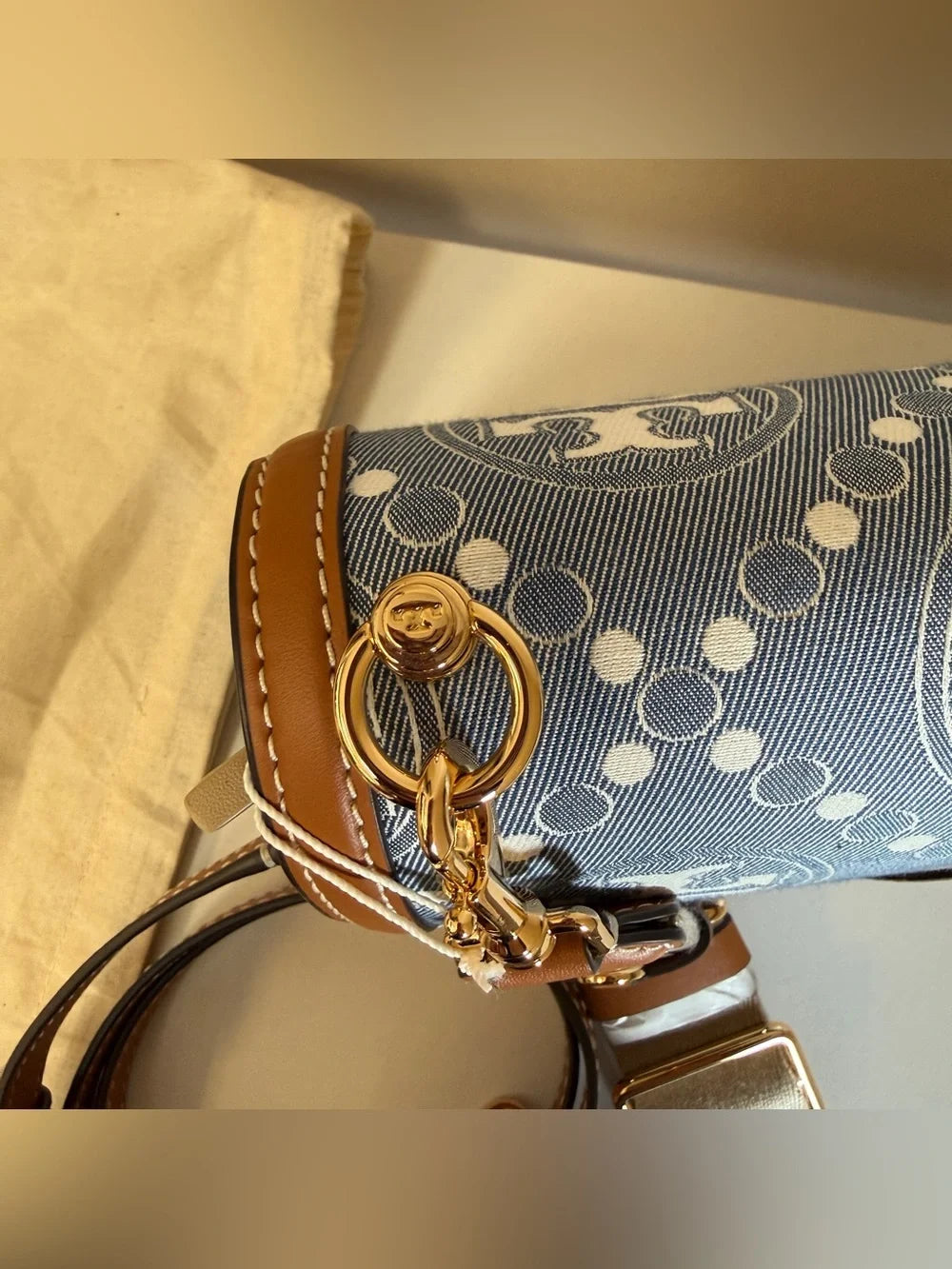 Tory Burch T Monogram denim shoulder bag in blue and brown detail