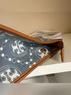 Tory Burch T Monogram blue and tan denim small tote detail