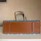 Tory Burch T Monogram blue and tan denim small tote detail