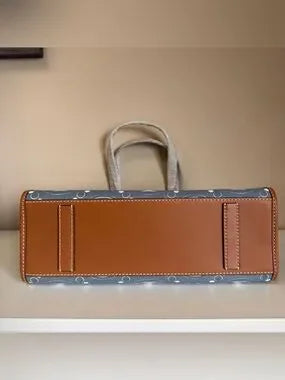 Tory Burch T Monogram blue and tan denim small tote detail