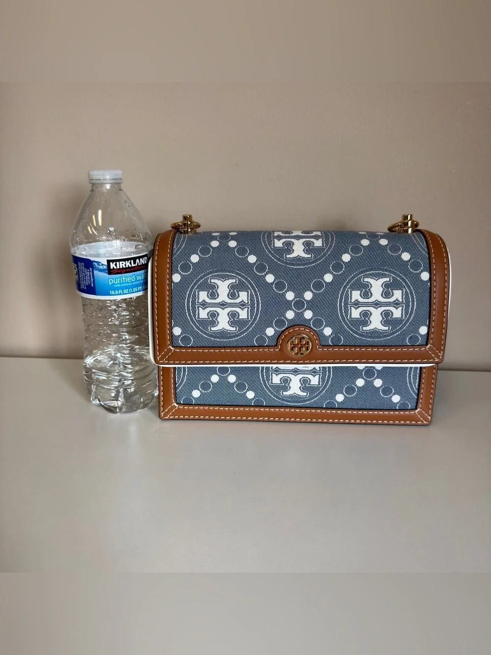 Tory Burch T Monogram denim shoulder bag in blue and brown detail