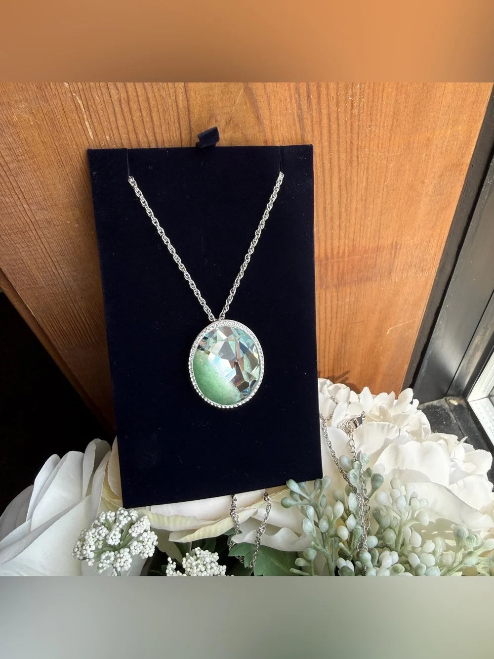 Swarovski green and silver crystal pendant necklace detail