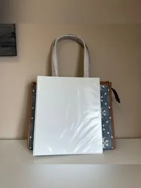 Tory Burch T Monogram blue and tan denim small tote detail