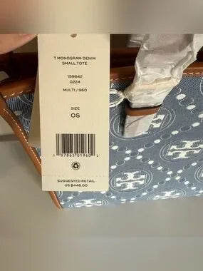 Tory Burch T Monogram blue and tan denim small tote detail