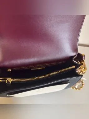 Tory Burch Robinson burgundy black and cream crossbody bag detail