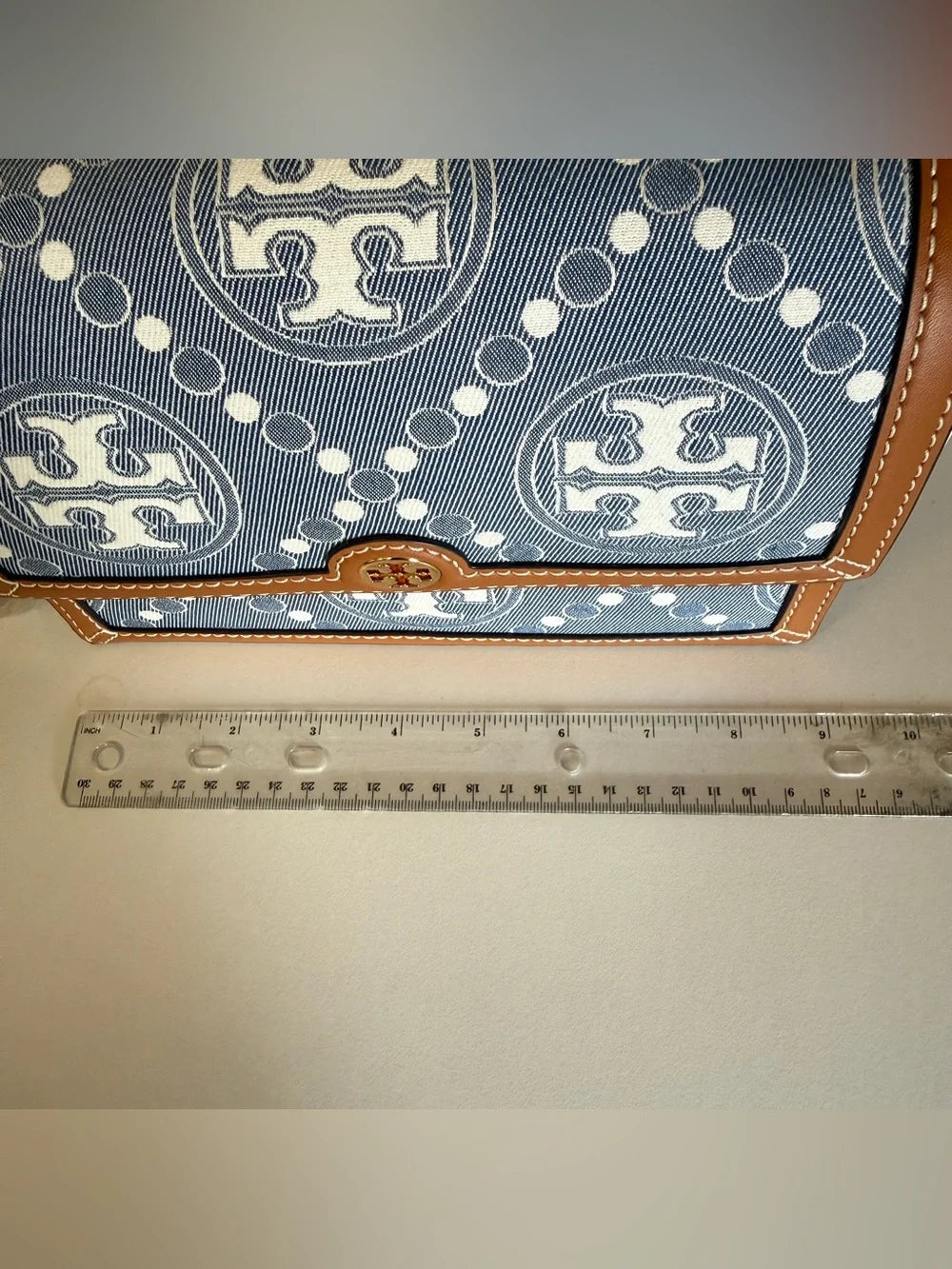 Tory Burch T Monogram denim shoulder bag in blue and brown detail