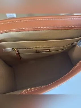 Tory Burch T Monogram blue and tan denim small tote detail